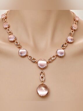 NRQ14 40CT Milky Rose Quartz Lariat Oval Paperclip Necklace 18K Rose Gold S925